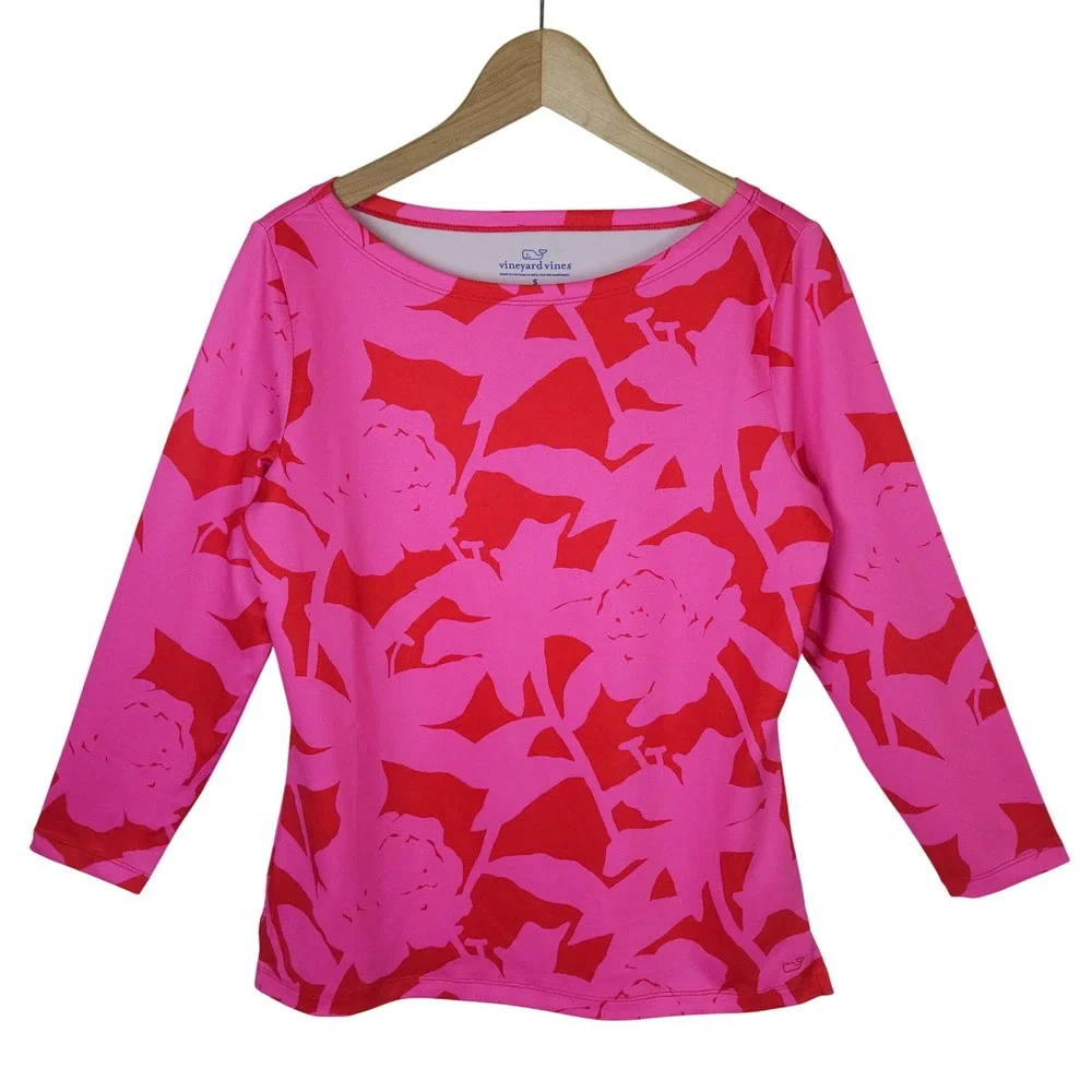 Vineyard Vines Rash Guard Swim Shirt Womens Small Pink Red‎ Floral Boatneck Sun